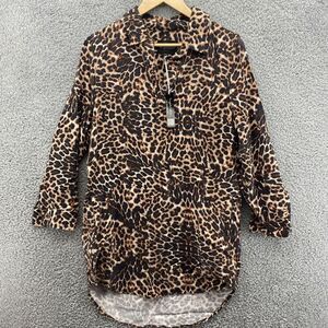 Velvet Heart Top Womens S Leopard Print Roll Tab Sleeves Pockets 100% Tencel NWT